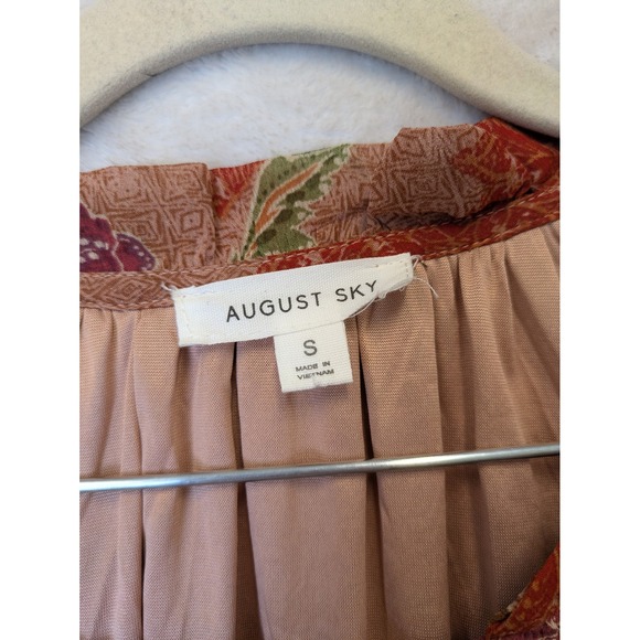 August Sky Women's Size S Floral Tiered Midi Dress Rust Orange Boho - Picture 6 of 10